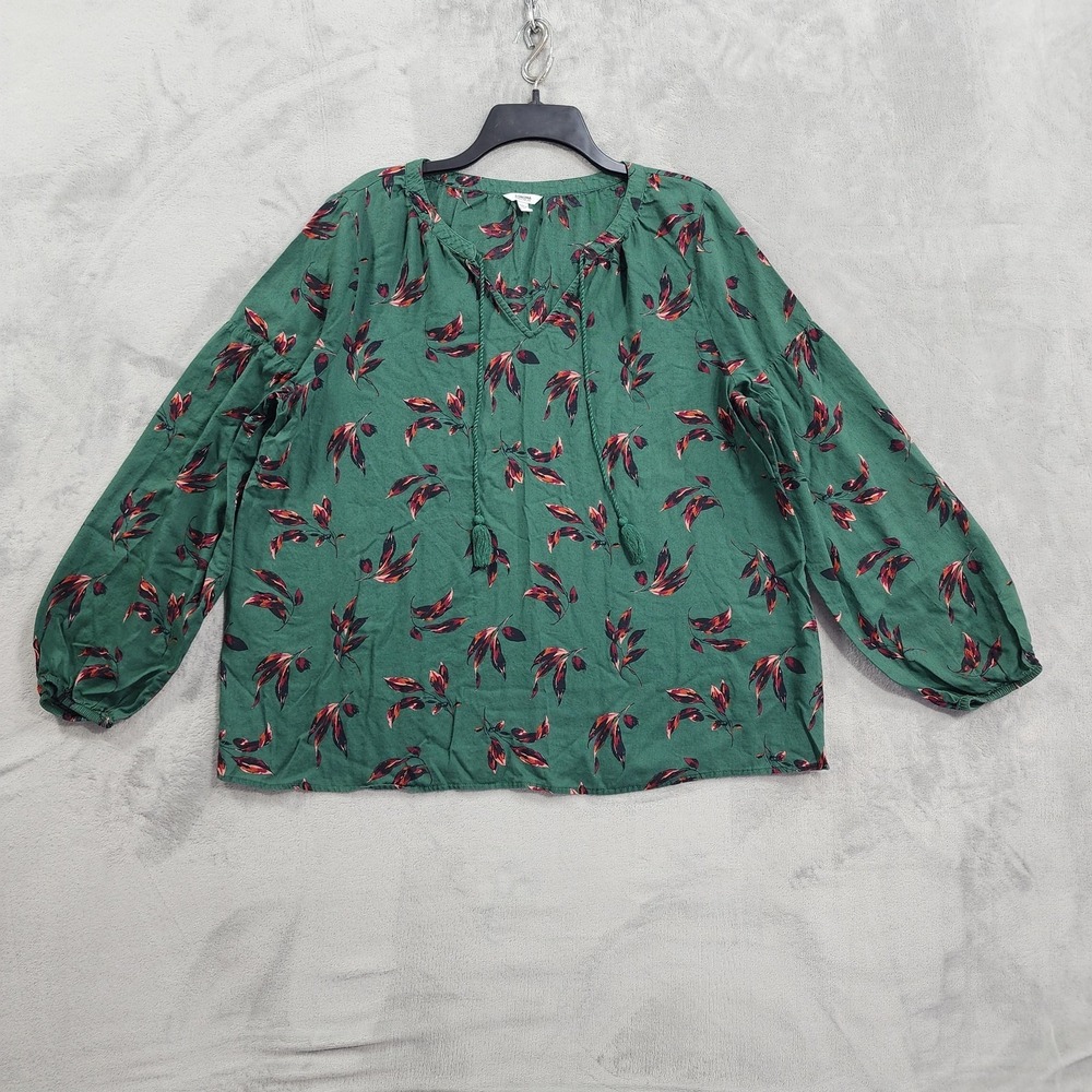 Sonoma Goods For Life Top Womens‎ XL Green Floral Tassel V Neck Peasant Blouse